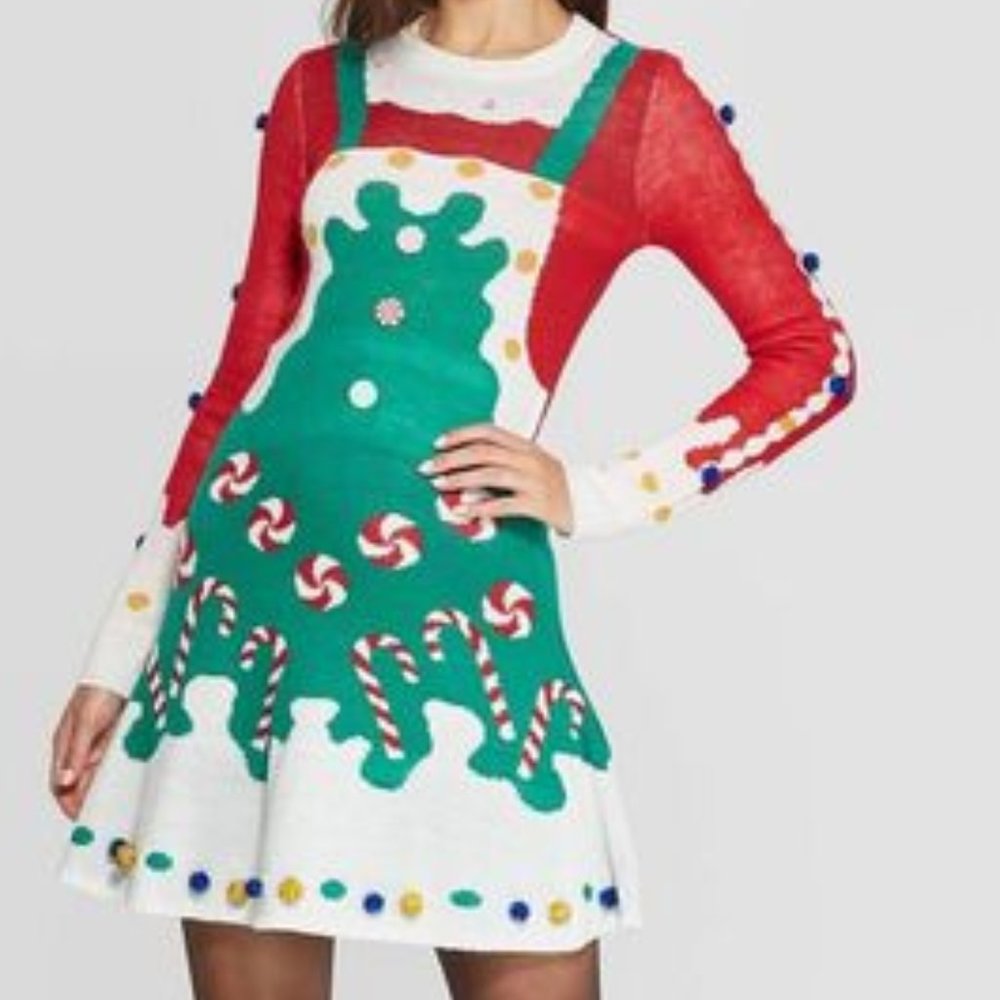 Holiday Candy Cane Green & Red Long Sleeve Dress